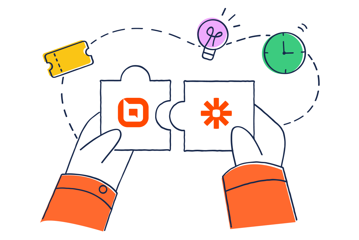 Hands holding BoldDesk and Zapier puzzle pieces with ticket, lightbulb, and clock icons showing workflow automation.