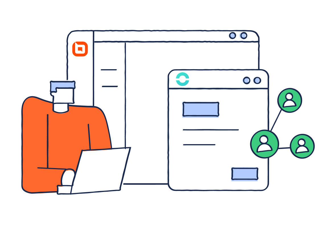 Person using a laptop with overlapping browser windows and connected user icons in a modern tech style