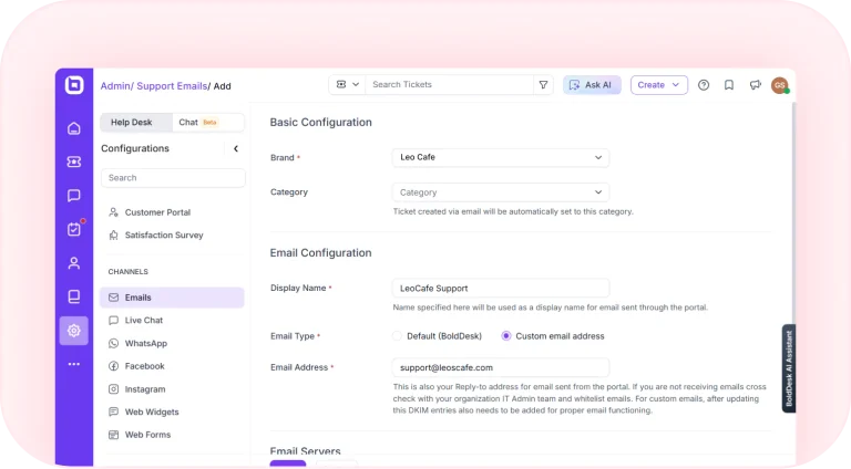 Configure your support email in BoldDesk