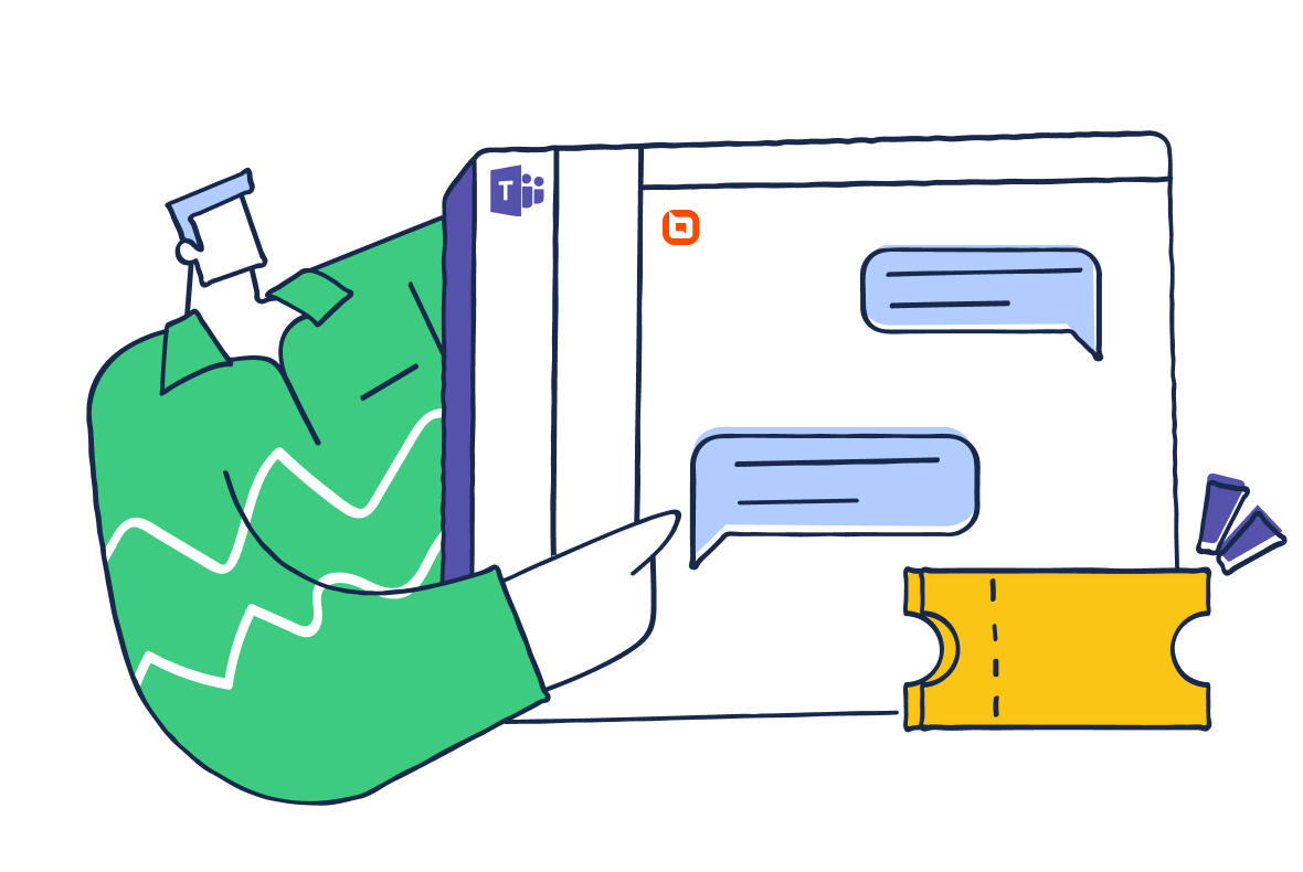 Illustration of someone pointing at a Microsoft Teams window showing BoldDesk ticket updates with a ticket icon.