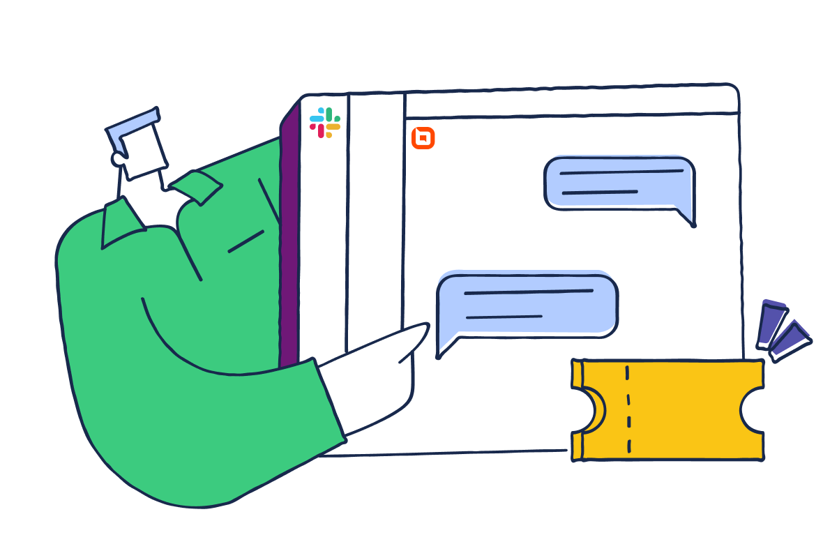 Illustration of person in green shirt pointing at chat bubbles on a Slack-like screen with a yellow ticket icon