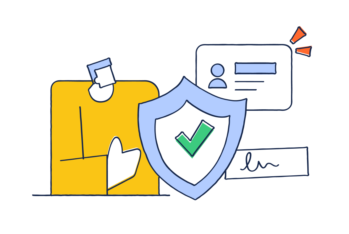 Illustration showing a user with a shield and checkmark icon, representing secure identity verification and protected access.