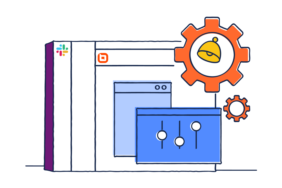 Web browser interface with Slack and Blogger icons, orange gear with bell, smaller gear, and sliders, suggesting automation.