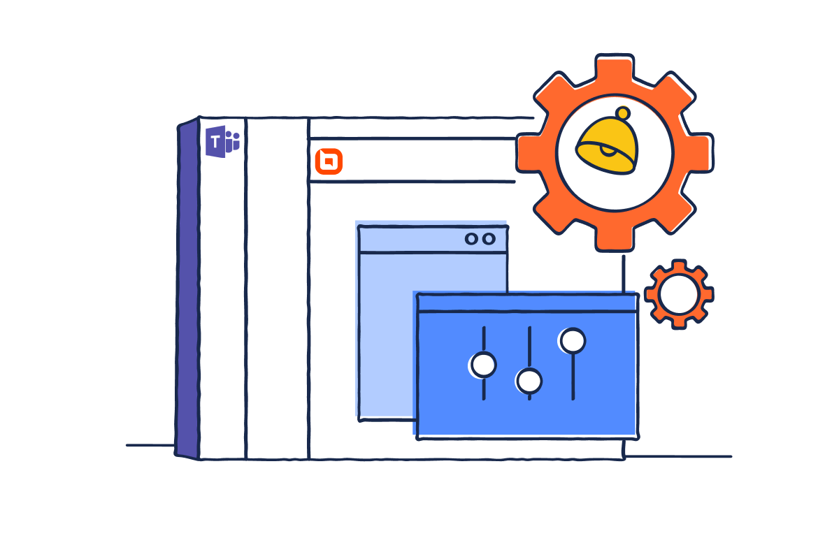 Illustration showing Microsoft Teams with BoldDesk settings panels, gears, and alert icons representing configurable alerts.