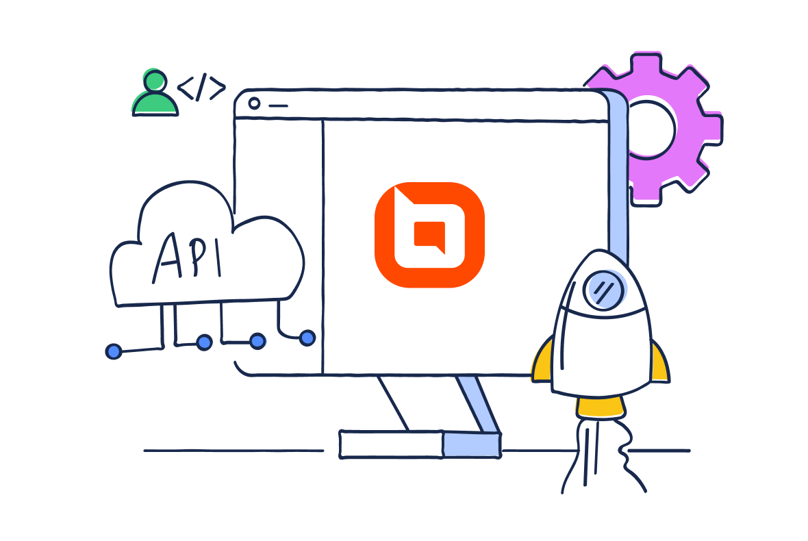 Computer screen with BoldDesk icon beside API cloud, gear, and rocket, representing building and launching custom integration.
