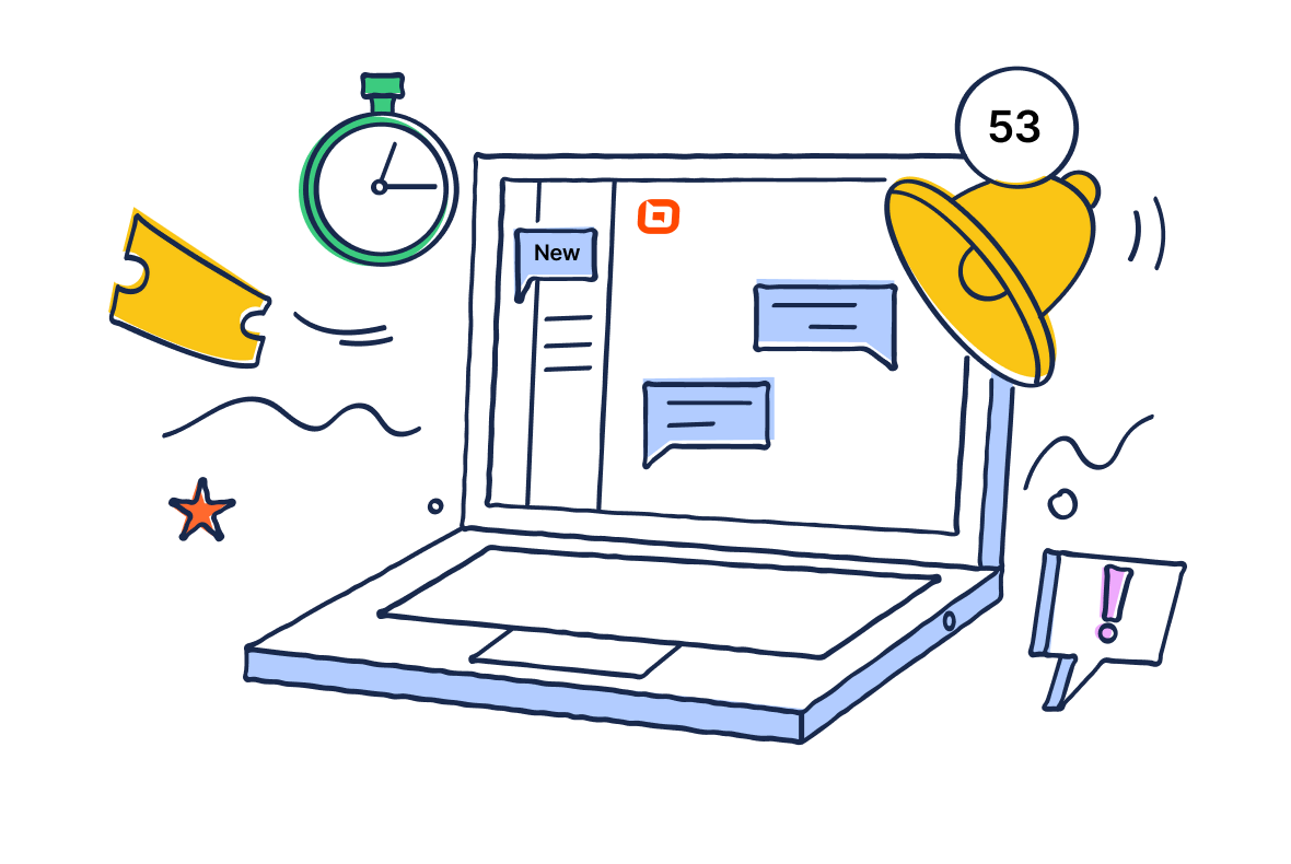 Illustration of a laptop with floating icons: a stopwatch, a bell with "53," a ticket, and speech bubbles. The tone is dynamic and busy