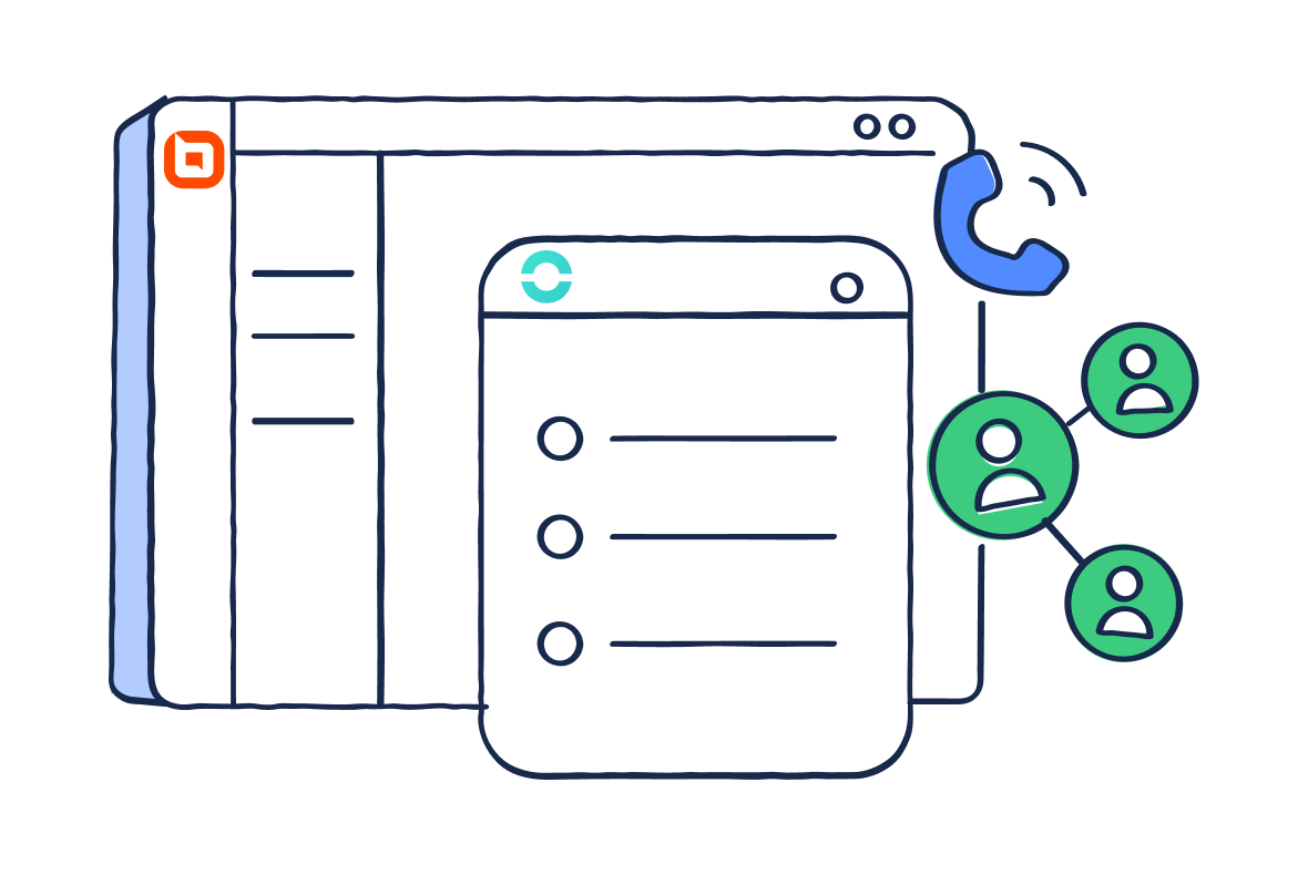Illustration of overlapping browser windows with phone and user icons, symbolizing digital communication and connection
