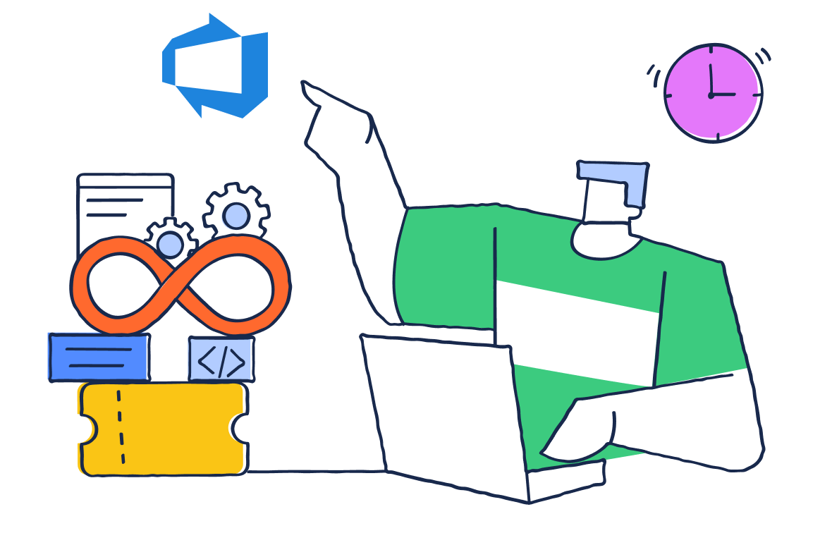 Illustration of a person pointing to the Azure DevOps logo beside development icons while working on a laptop at desk calmly
