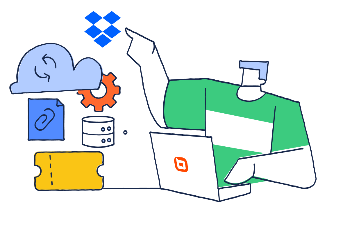 Illustration of a person using a laptop to manage tickets and integrations with Dropbox, storage, and file attachments.