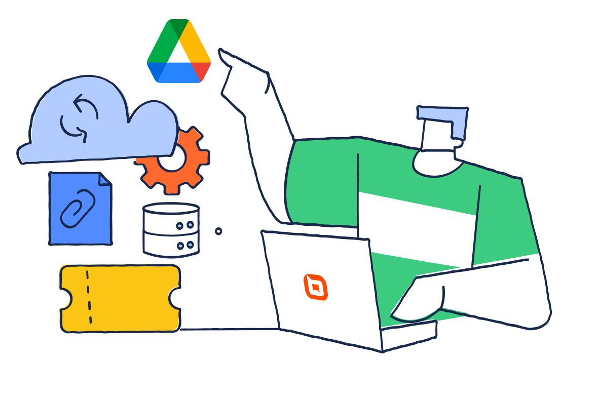 Illustration of a person at a laptop pointing to the Google Drive icon with cloud, gear, link, ticket and database.