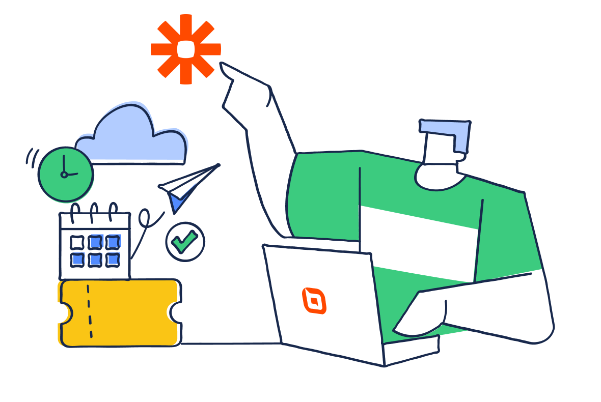 Person using a laptop with BoldDesk logo while pointing to Zapier icon, surrounded by cloud, clock, calendar, and task icons.