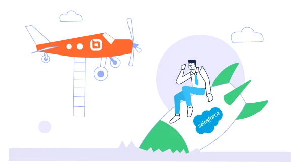 Man in blue on a green and white rocket labeled Salesforce, with clouds and a red plane featuring the BoldDesk, symbolizing growth