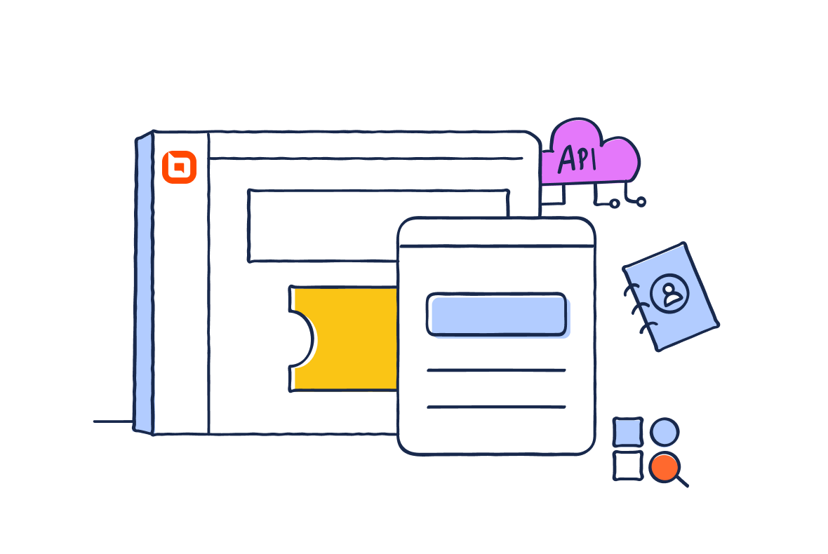 Illustration of BoldDesk with ticket view, form panel, and API cloud showing a customizable app‑driven workflow