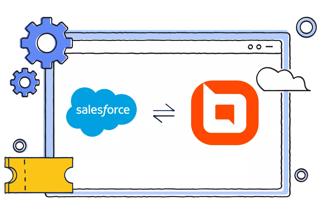 Salesforce and BoldDesk logos linked with a two‑way sync icon, shown inside a browser window and surrounded by gear elements