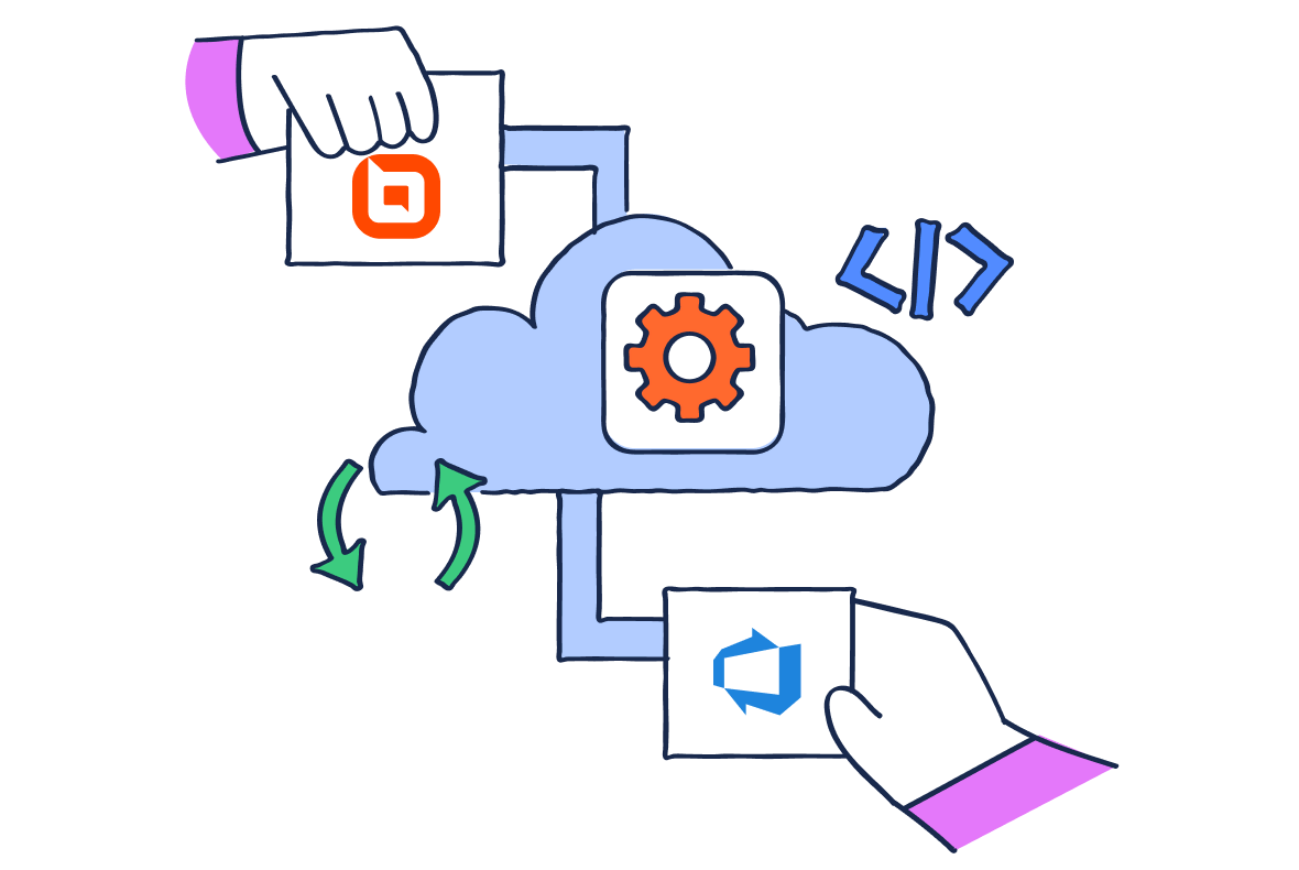 Hands exchanging BoldDesk and Azure DevOps cards through a cloud system, symbolizing smooth and automated two‑way syncing