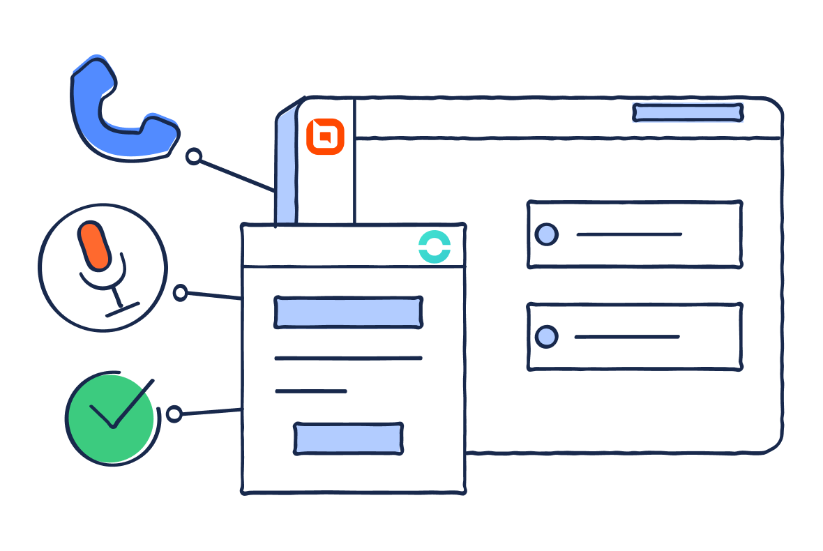 Webpage interface illustration with phone, microphone, and checkmark icons plus pop-up options for user actions