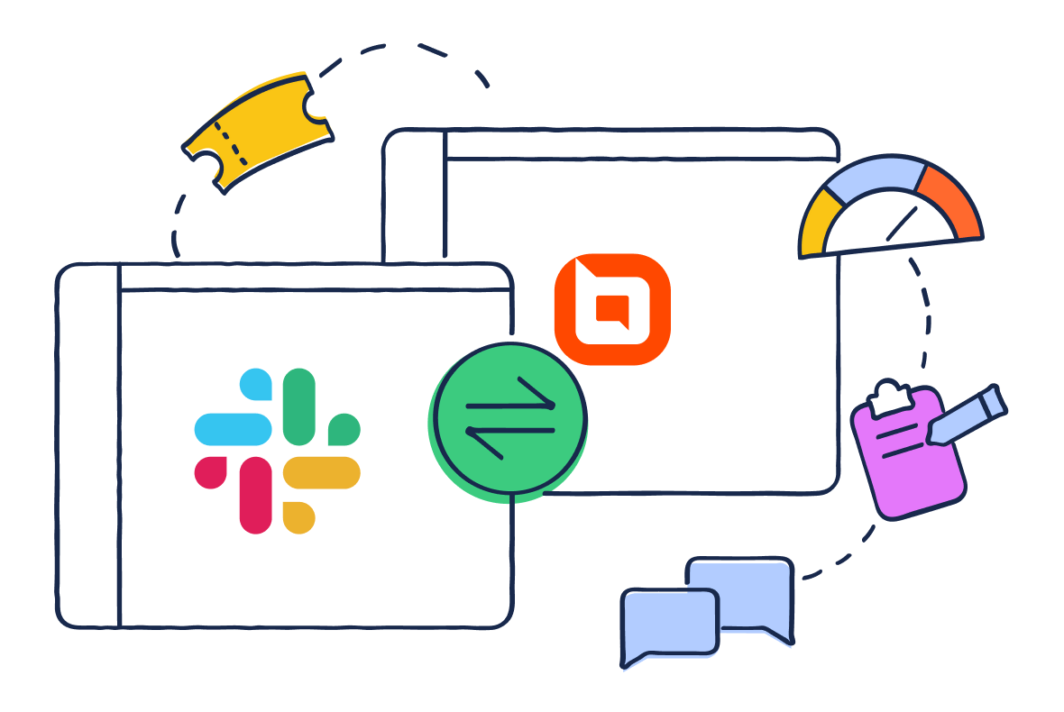 Illustration of two computer windows with Slack and BoldDesk logos, connected to ticket, speedometer, clipboard, and chat icons