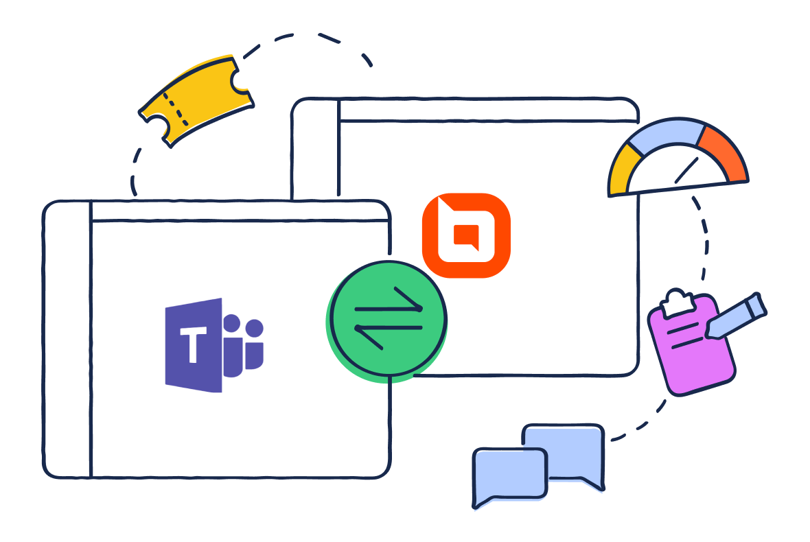 Illustration of BoldDesk and Microsoft Teams windows linked by sync icon, surrounded by ticket, chat, and analytics icons.