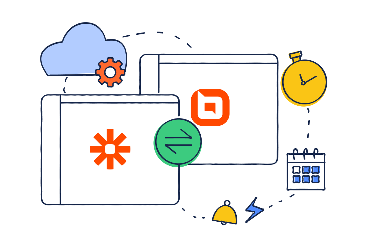 BoldDesk and Zapier windows connected through workflow icons like cloud, clock, calendar, alert, and automation symbols.