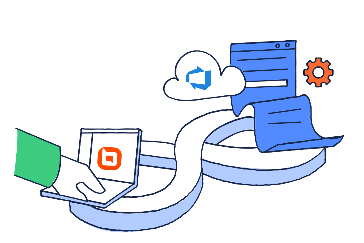 Hand placing a BoldDesk card onto an infinity loop as Azure DevOps elements illustrate automated syncing across workflows