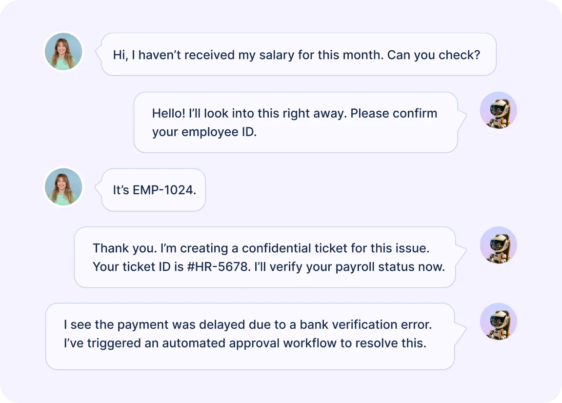 Government help desk chat interface showing employee salary query, ticket confirmation, and approval process initiation.