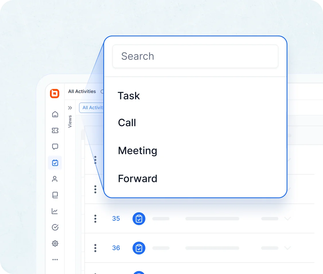 Interface of a task management system showing search dropdown listing tasks, calls, meetings, and forward activity opts.