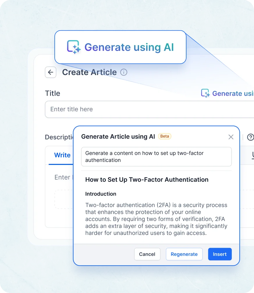 AI tool in knowledge base software generating article content with options to insert, regenerate or edit the drafted text.