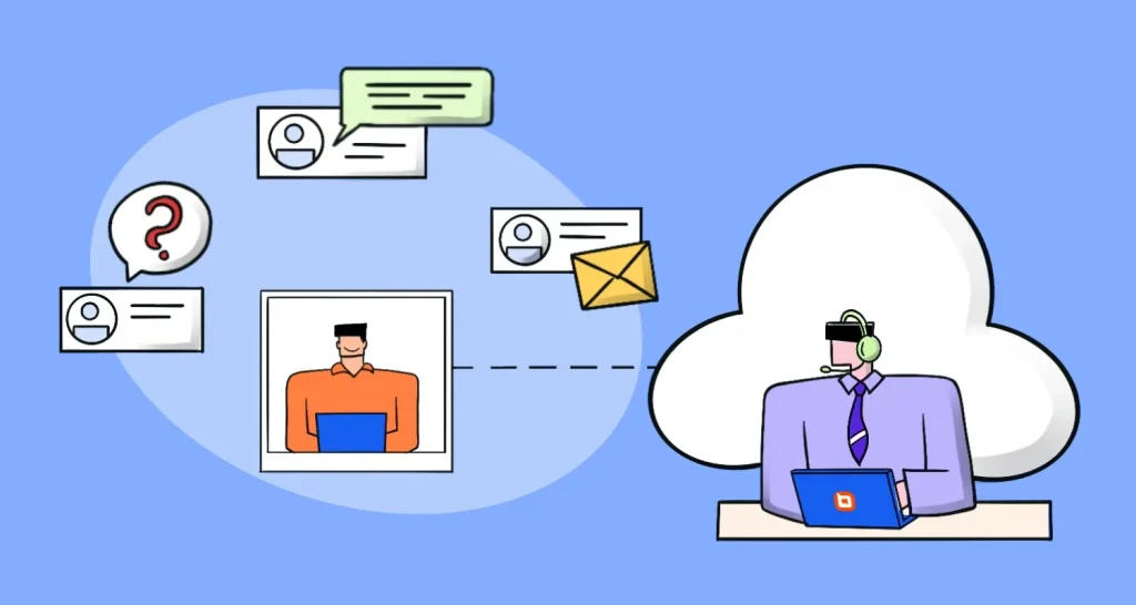 Customer support agent with headset, laptop, and cloud, surrounded by speech bubbles, question marks, and envelopes.