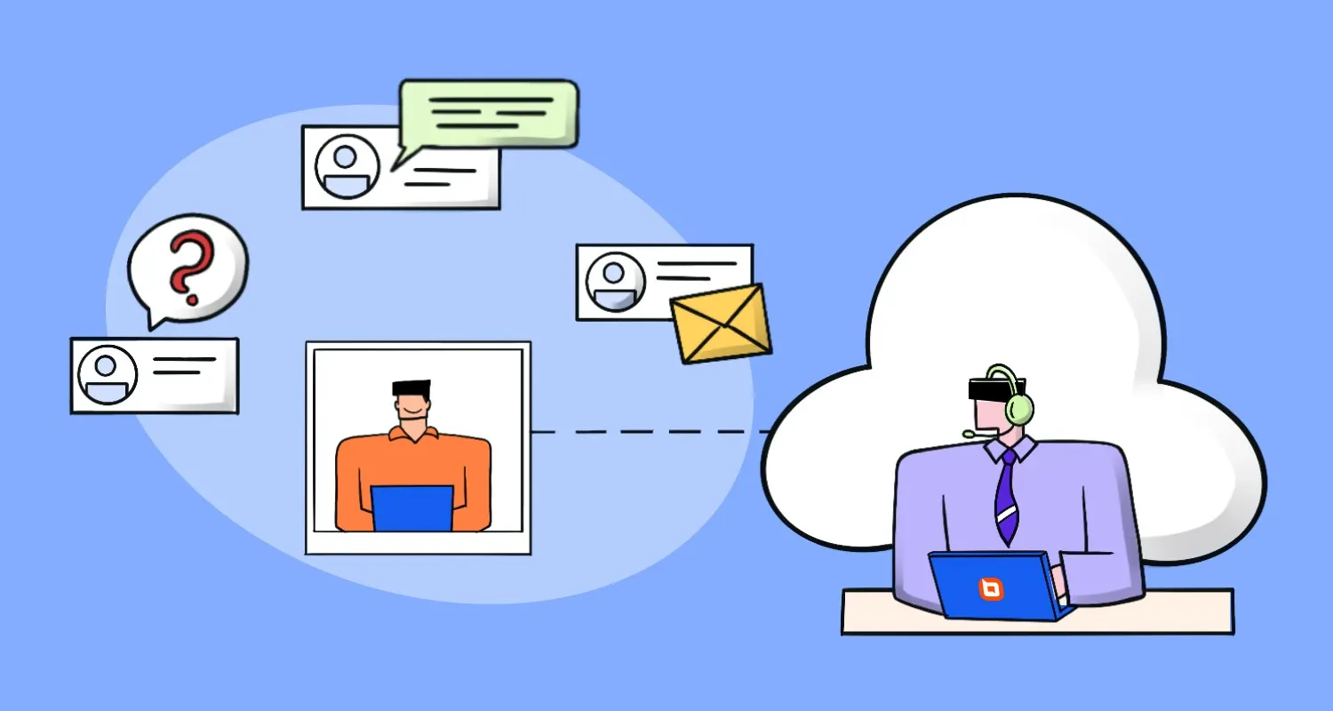 Customer support agent with headset, laptop, and cloud, surrounded by speech bubbles, question marks, and envelopes.