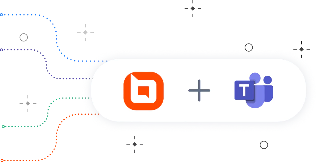BoldDesk and Microsoft Teams integration graphic showing connected dotted lines and both logos linked in a unified interface.