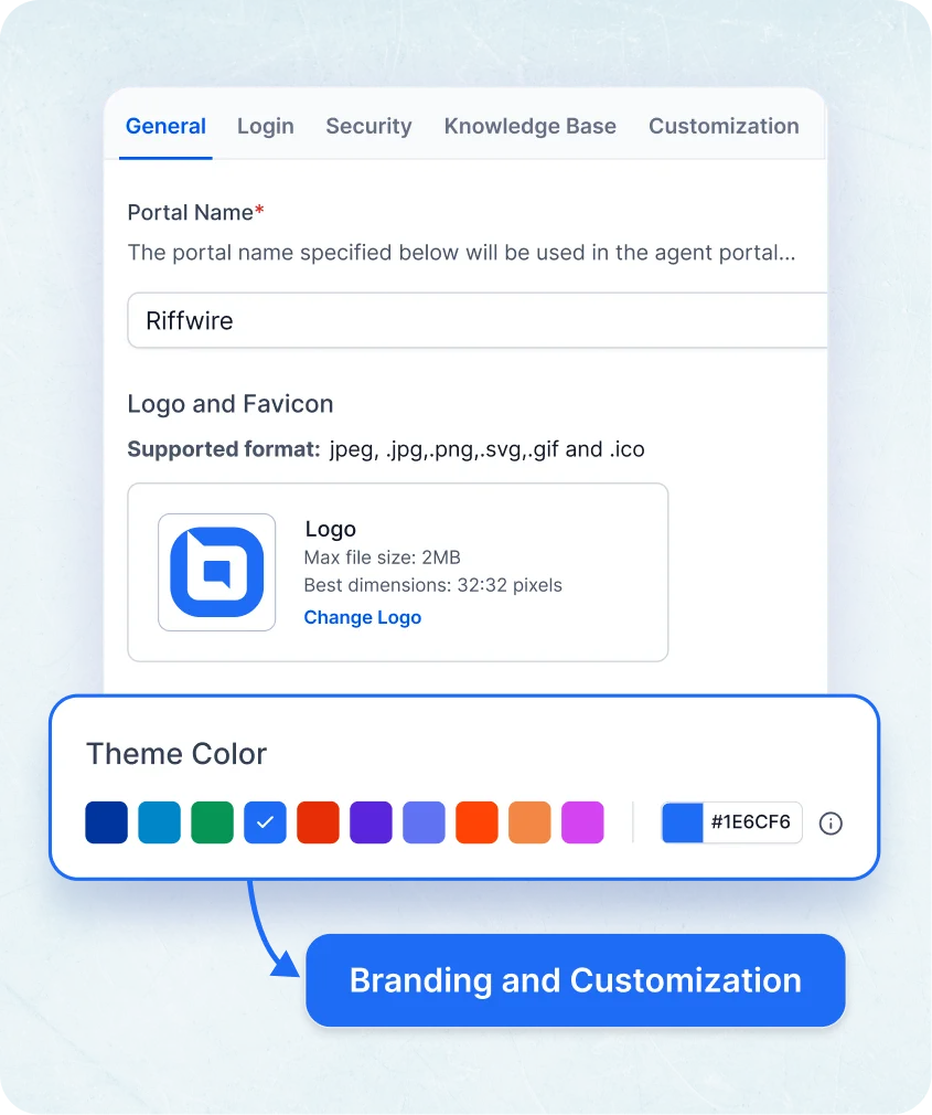 Branding options in knowledge base software showing portal name, logo upload and theme color customization panel viewUX