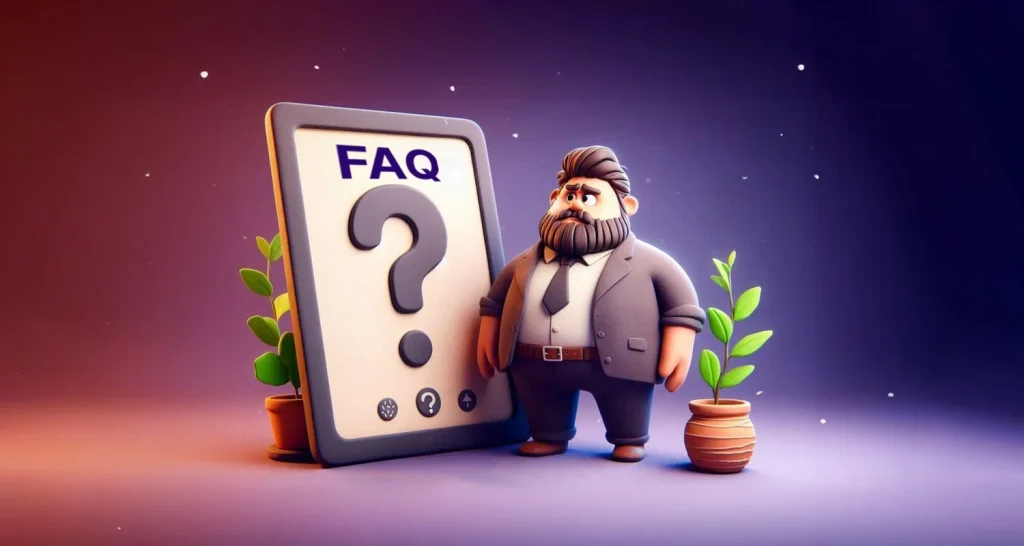 Cartoon figure in suit next to oversized FAQ sign with question mark, plants create a welcoming, professional tone.