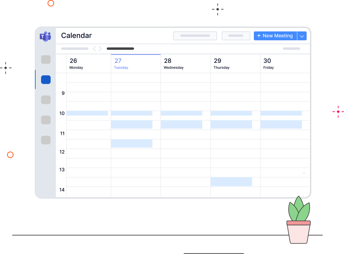 Microsoft Teams calendar view showing a weekly schedule with meeting blocks and a New Meeting button highlighted at the top.