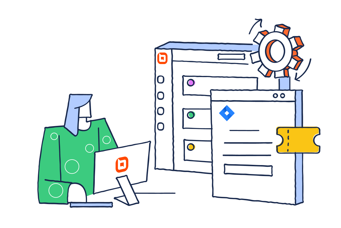 Illustration of a user managing BoldDesk and Jira screens with automated syncing and ticket workflows shown in action.