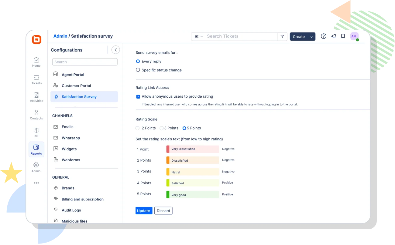 Help desk satisfaction survey settings dashboard showing rating scales, survey rules, and anonymous feedback options.