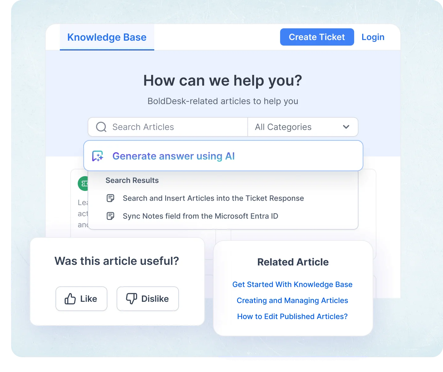 AI search panel, feedback buttons and related articles displayed in a knowledge base software help center interface