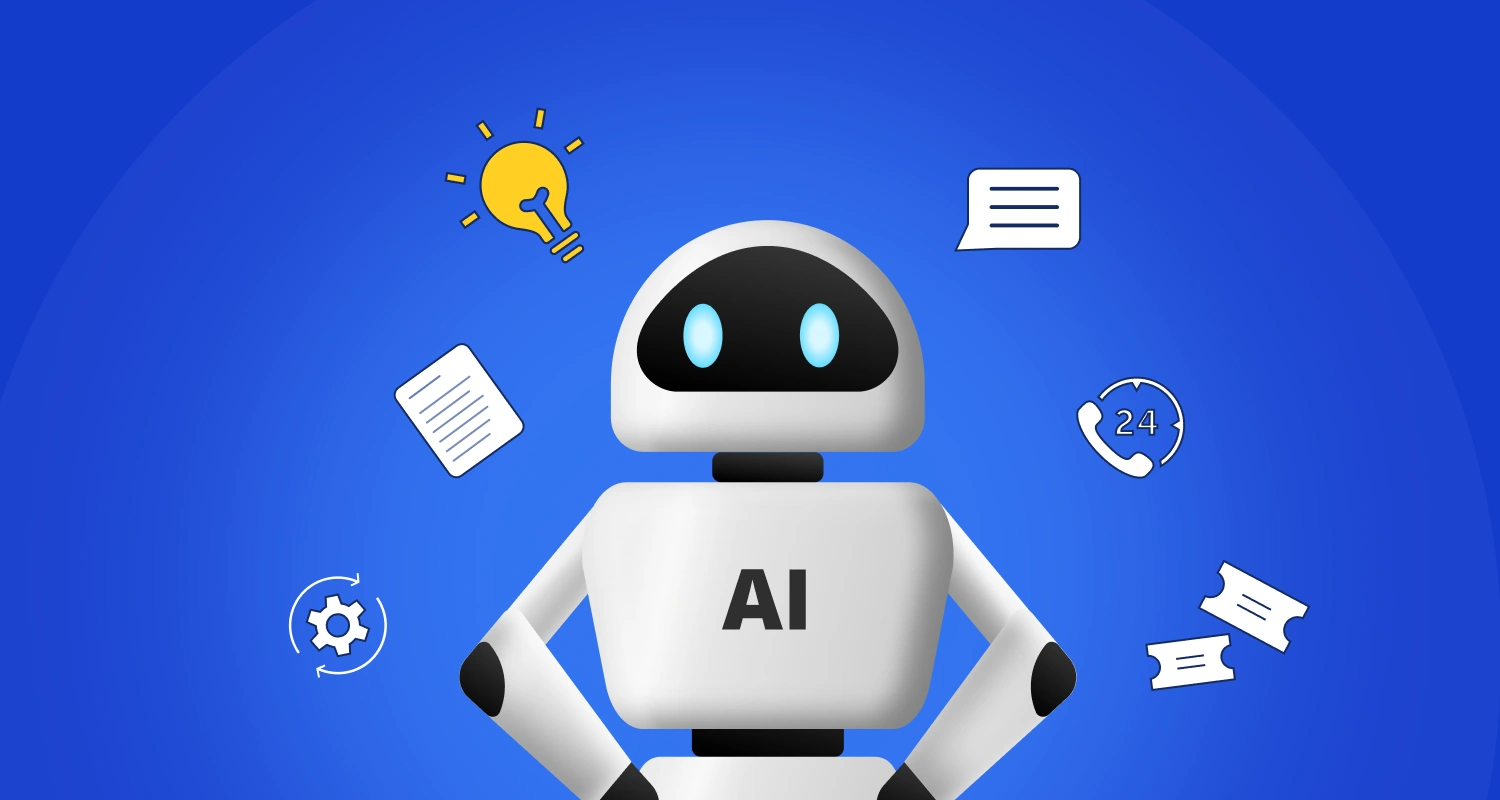 A white humanoid robot with “AI” written on its chest stands against a bright blue background, surrounded by icons representing ideas (light bulb), chat messages, documents, 24/7 support, and automation settings—symbolizing AI-powered help desk and customer support solutions.