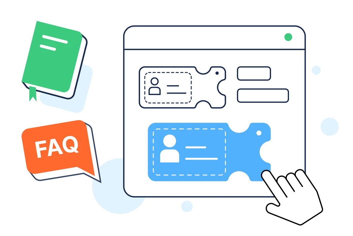 Customer portal software illustration with puzzle piece, profiles, FAQ bubble, and book.
