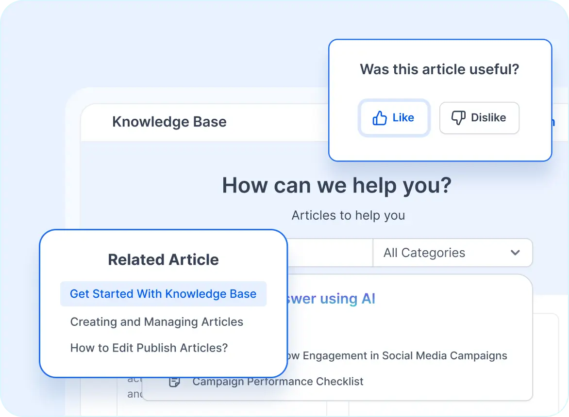 Knowledge base interface with related articles and Like/Dislike feedback options for marketing support software.
