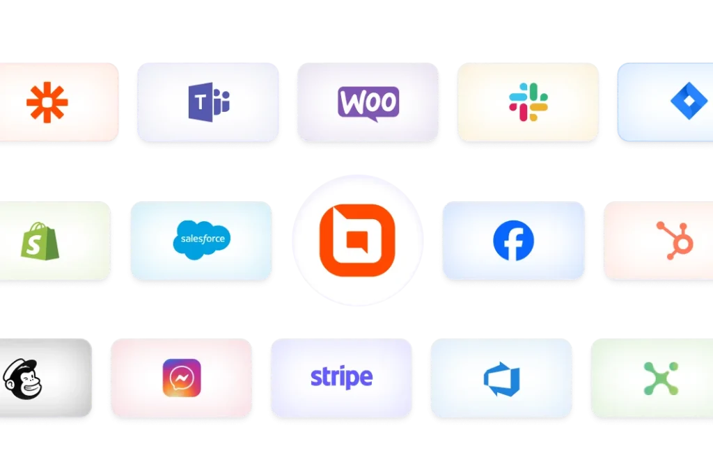 Grid of popular app logos including Zapier, Teams, WooCommerce, Slack, Shopify, Salesforce, Facebook, Stripe, and more.