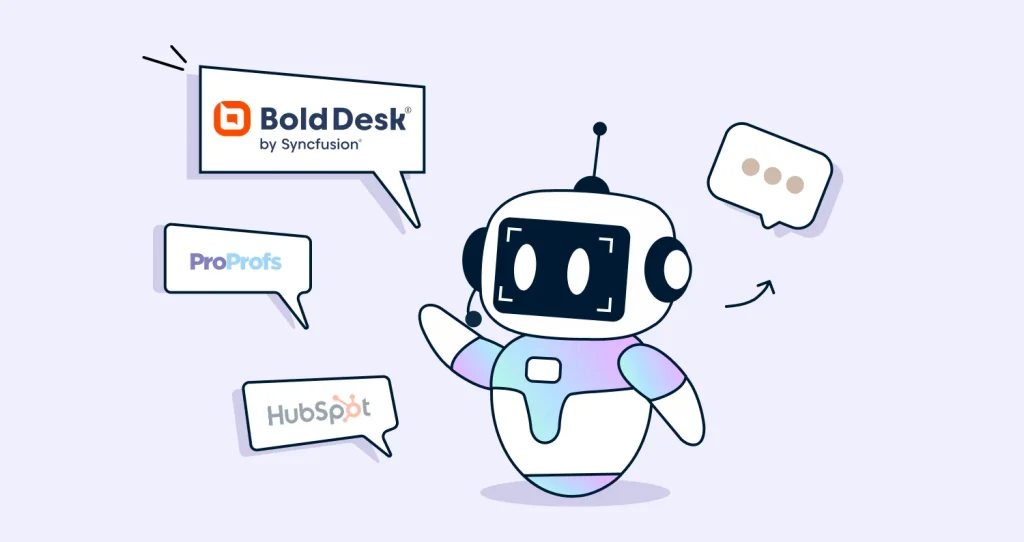 Illustration of friendly robot with chat bubbles showing BoldDesk, ProProfs, HubSpot logos in tech-savvy tone.