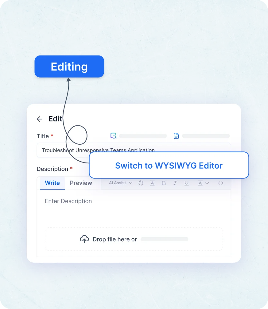 Editing interface in knowledge base software with fields and WYSIWYG editor option for article updates shown right away.