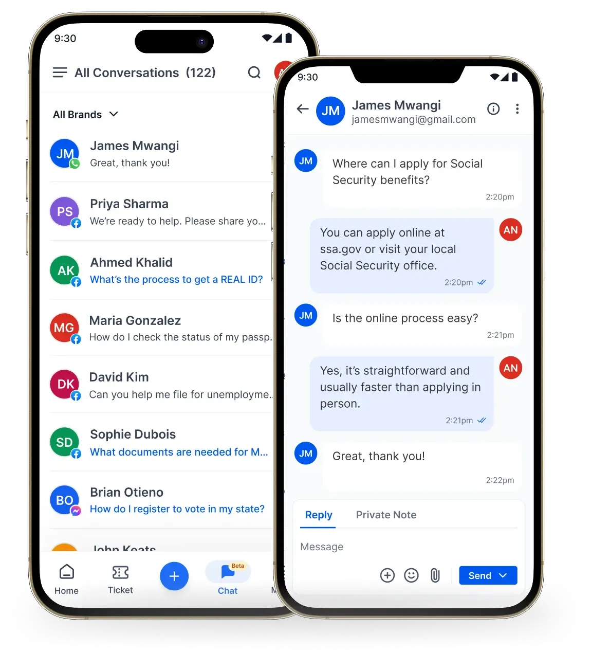 Government help desk mobile chat interface showing conversation about Social Security benefits with modern design.