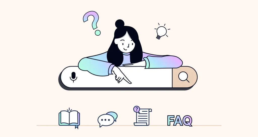 Illustration of a person leaning on a search bar with icons for a book, chat bubble, document, and FAQ, representing a web self-service tool for finding information online.