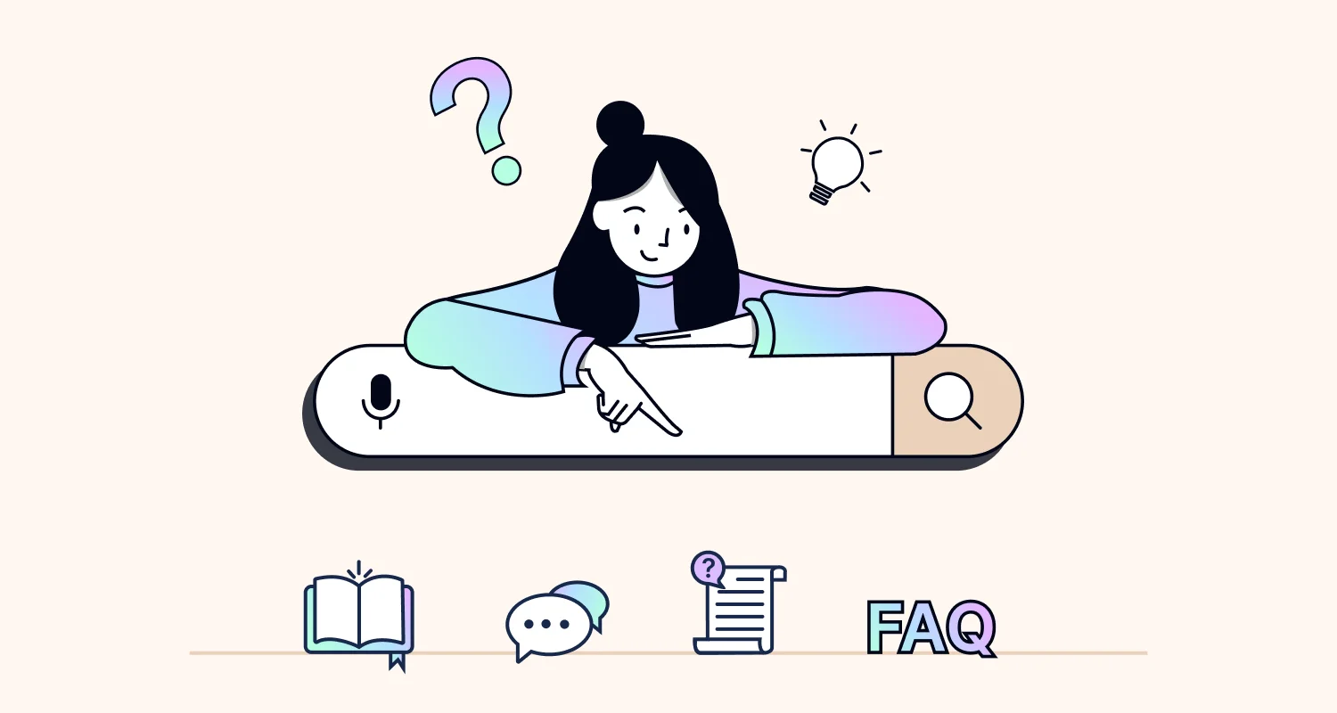 Illustration of a person leaning on a search bar with icons for a book, chat bubble, document, and FAQ, representing a web self-service tool for finding information online.