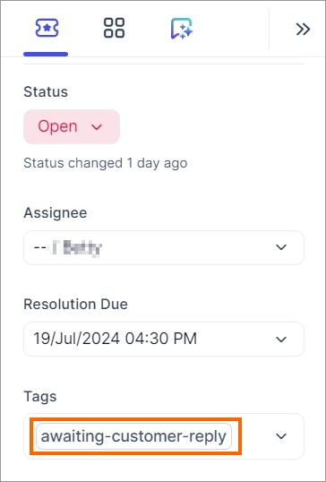Support ticket details showing status, assignee, resolution due date, and the tag “awaiting-customer-reply."