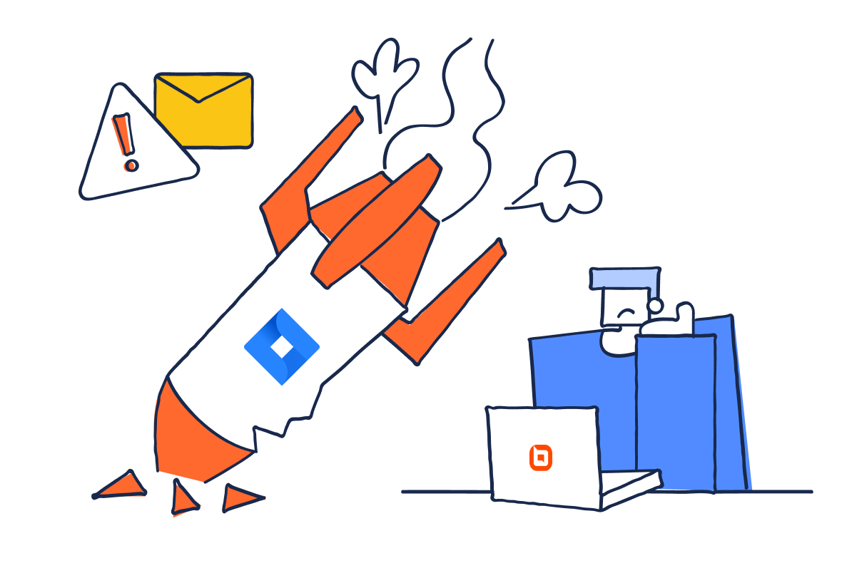 Illustration of a Jira‑themed rocket crashing near a user, representing integration issues and important alert notifications.