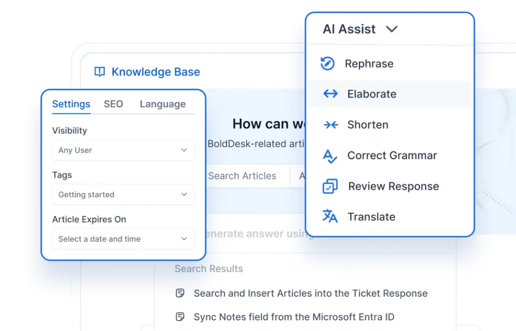 Knowledge base settings and AI Assist menu showing options like rephrase, elaborate, shorten, and translate.