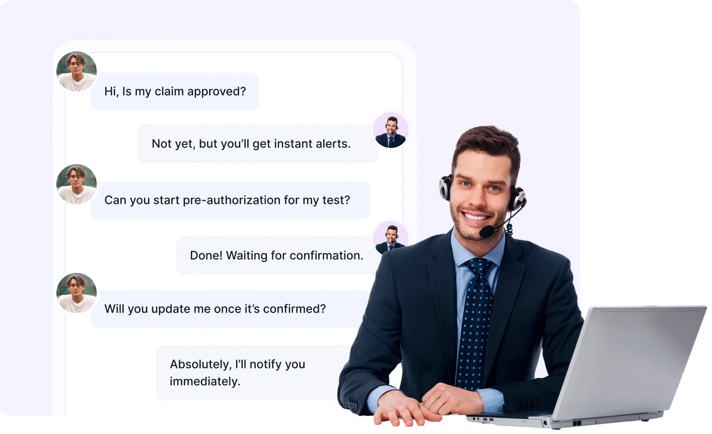 Customer service agent with headset at laptop, chat shows discussion on claim approval and pre-authorization alerts.