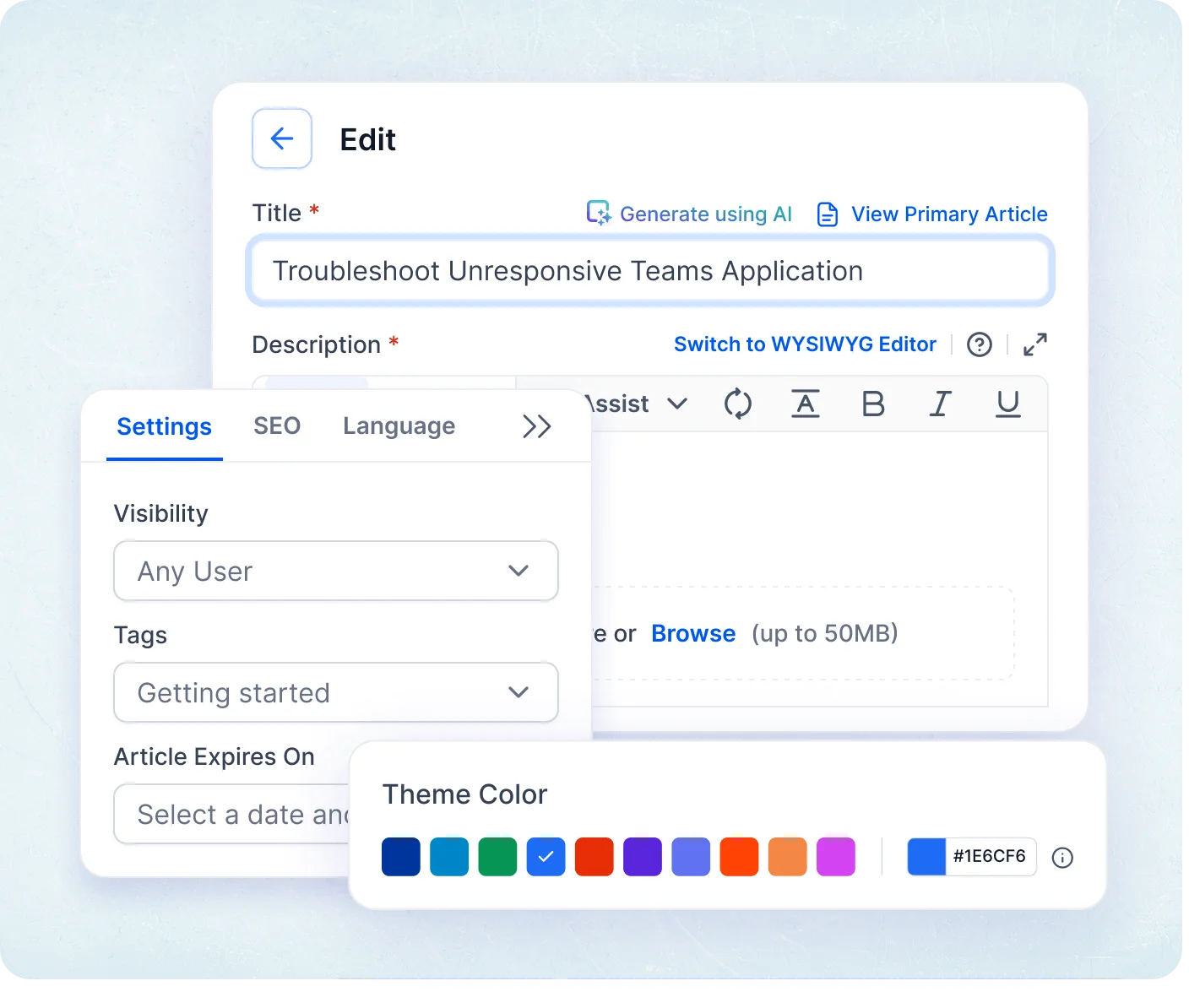 Editing screen in knowledge base software showing article fields, settings panel and theme color options for customizing